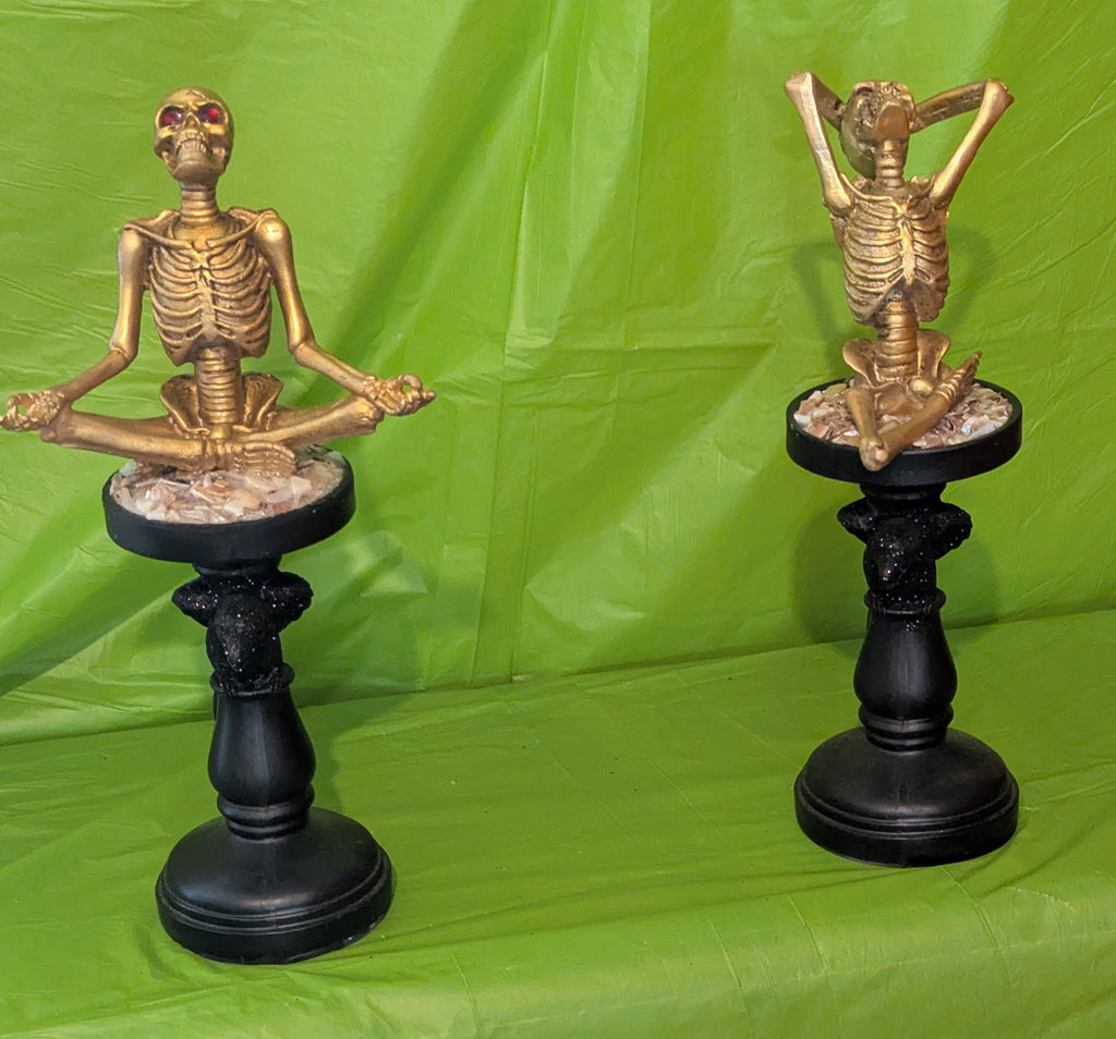 Golden Yoga Skeletons on a Glittery Black Raven Stoop