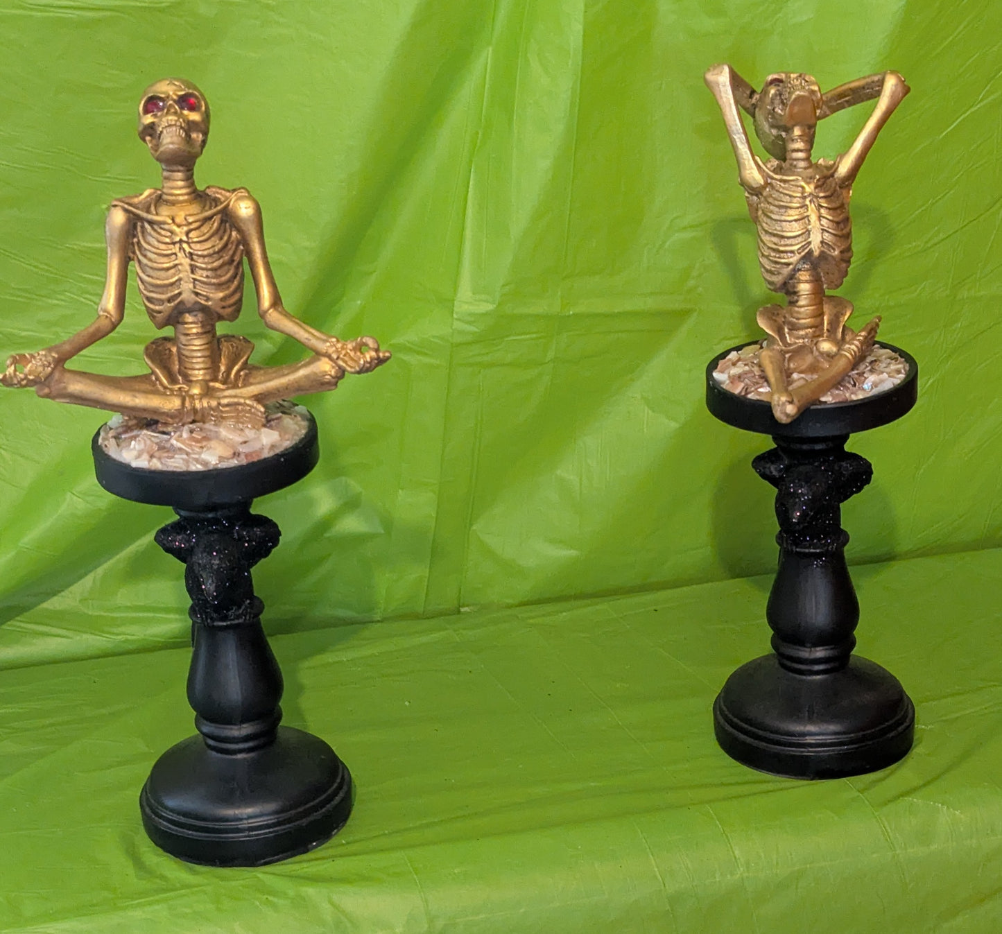 Golden Yoga Skeletons on a Glittery Black Raven Stoop